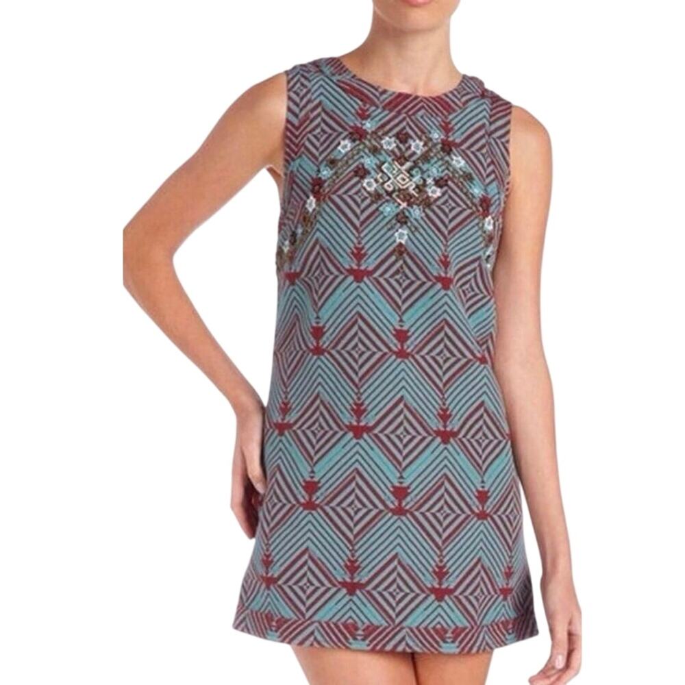 FREE PEOPLE x NEW ROMANTICS Teal and Rust Beaded Mini Shift Dress